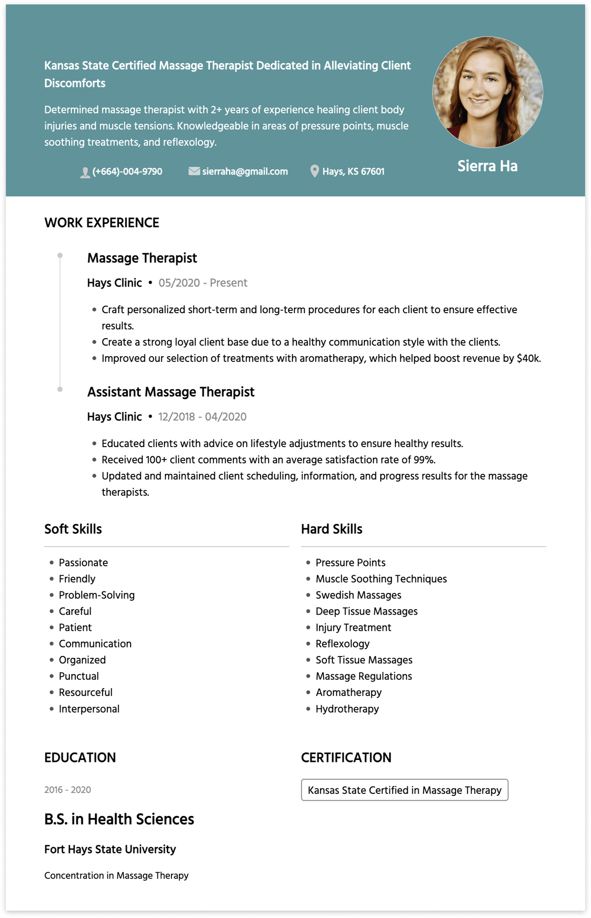 massage therapist resume example