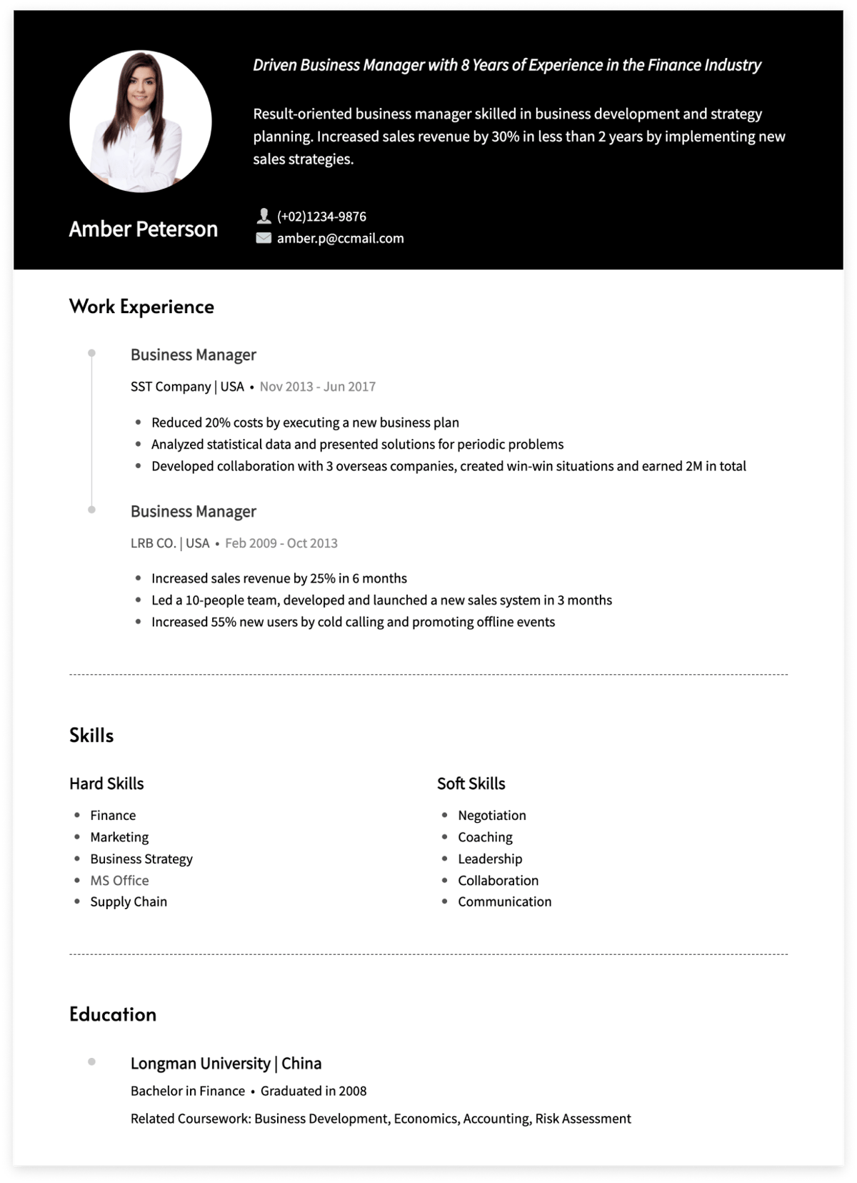 business manager resume example