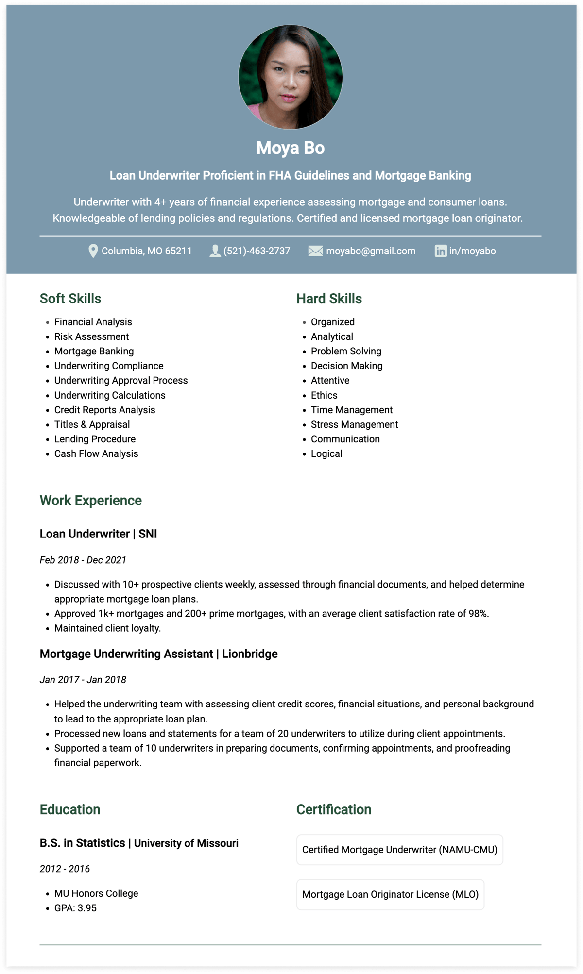 underwriter resume sample