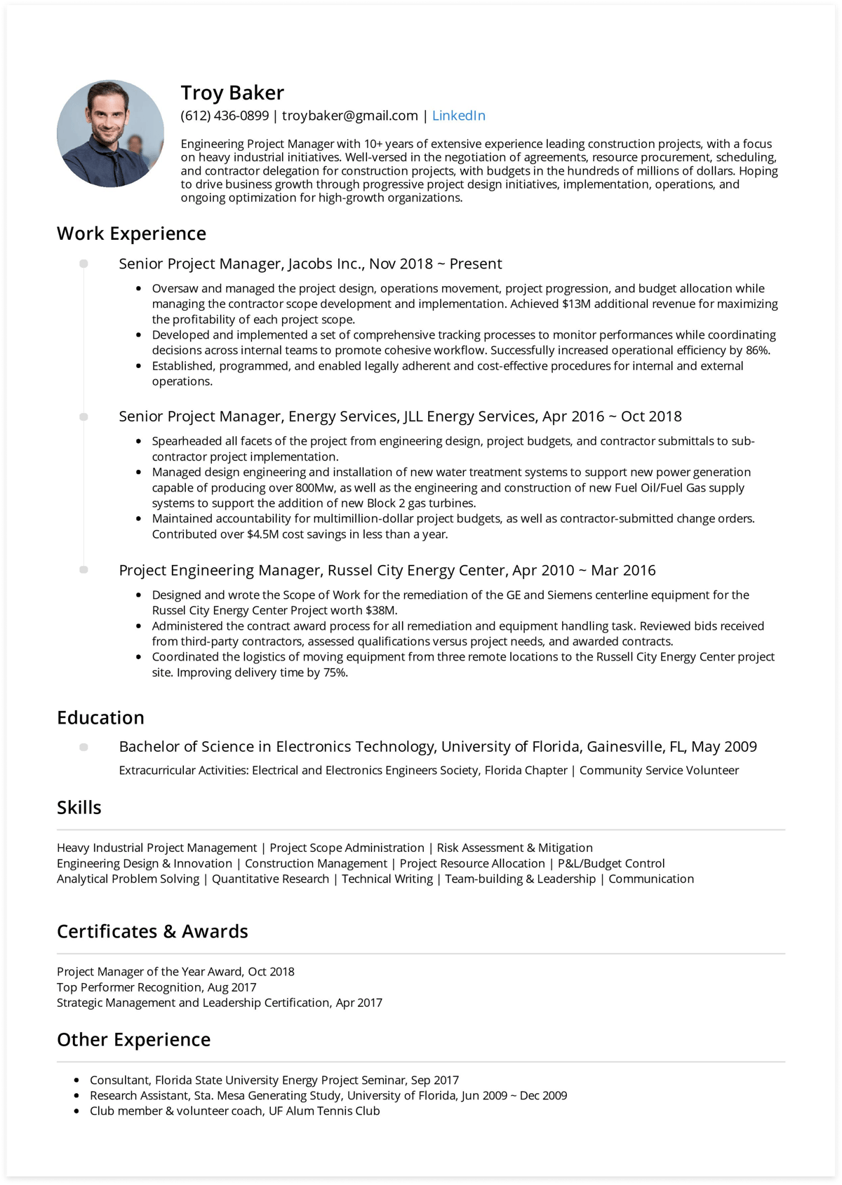 Click to download Project Manager resume example. Generated via CakeResume.