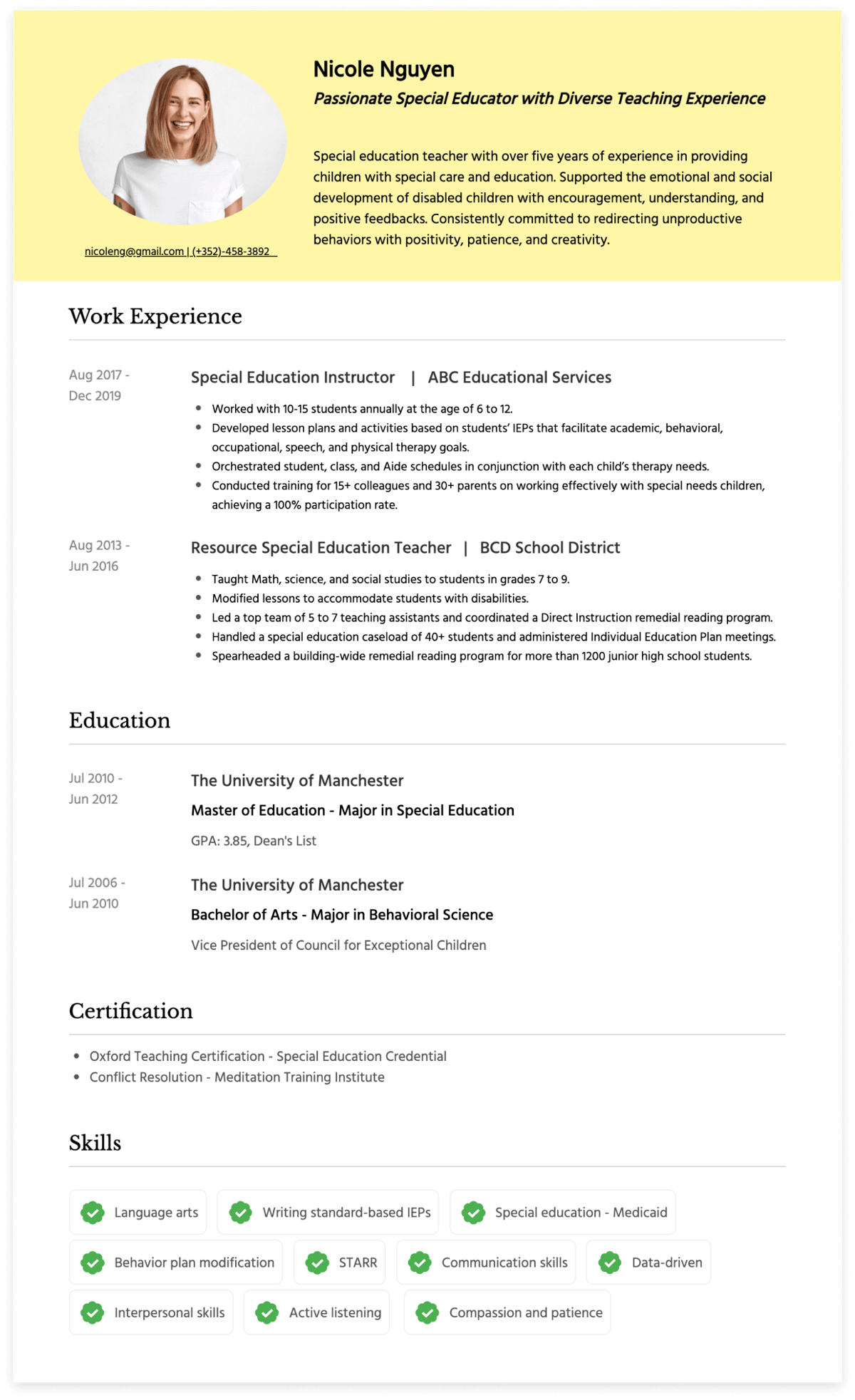 Special Education Teacher resume examples