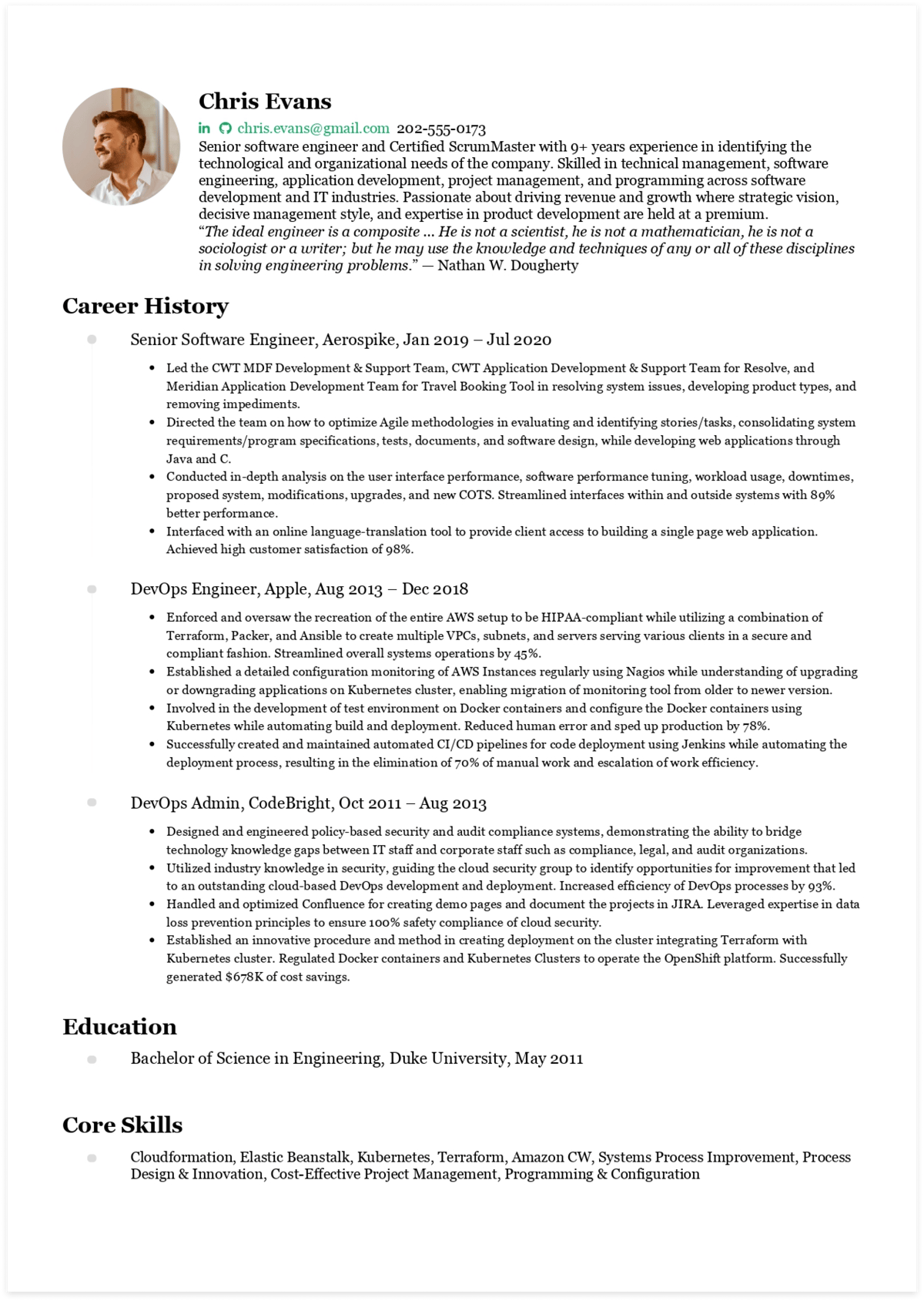 Generated via CakeResume. Click to download Chris's Software Engineer resume in pdf!