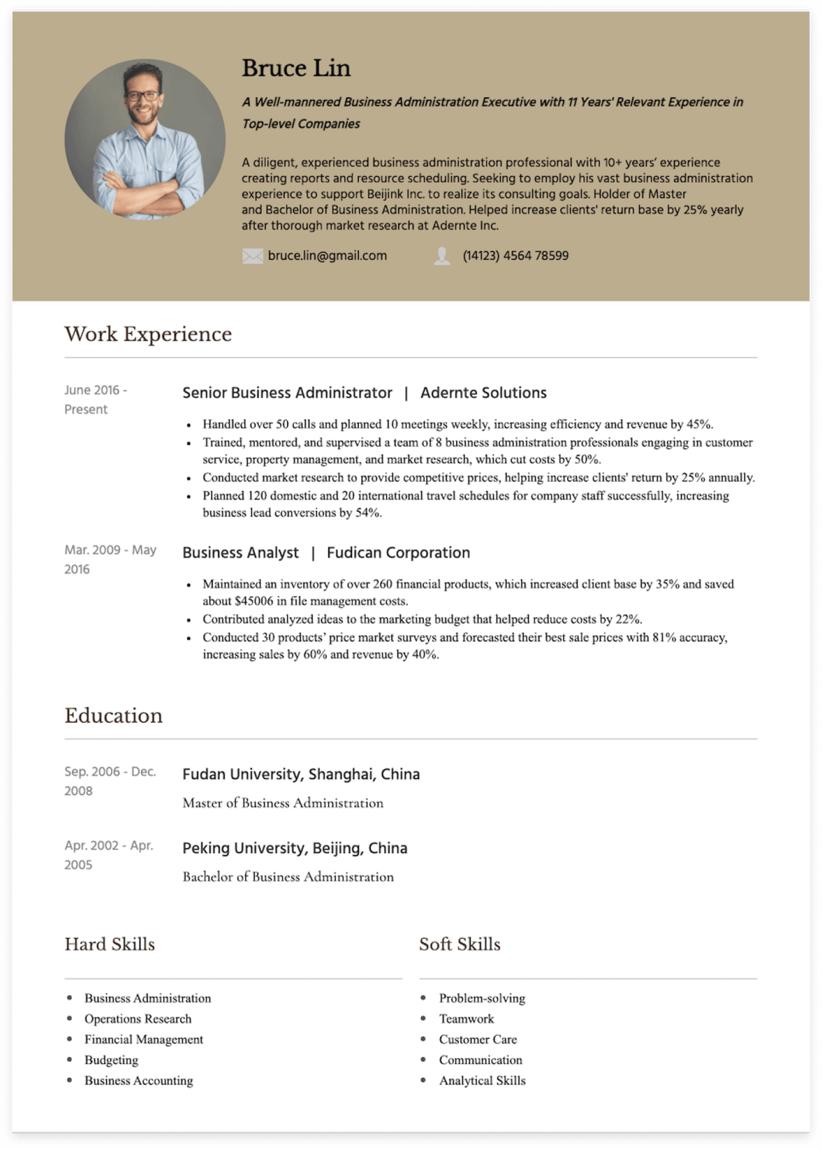 business admin resume sample