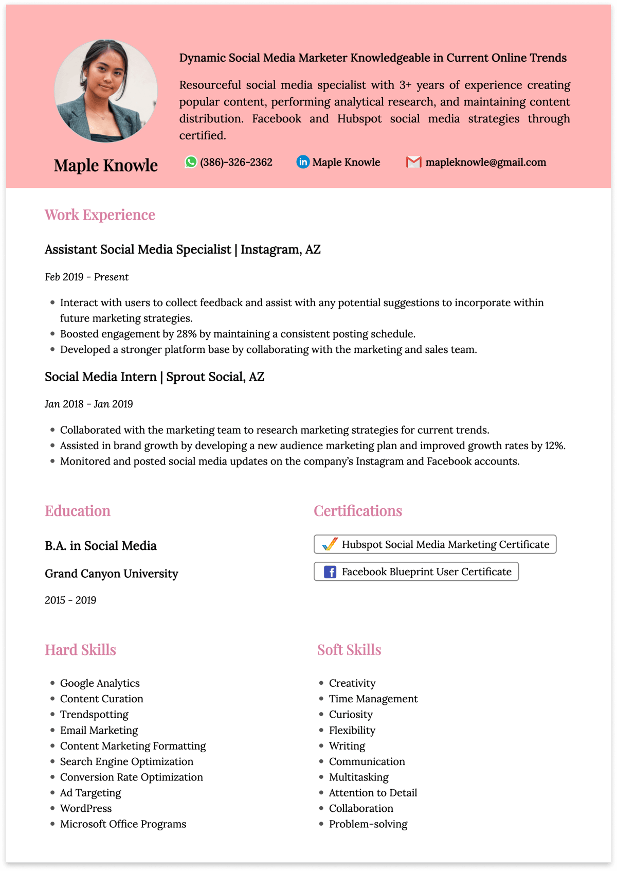 social media specialist resume sample