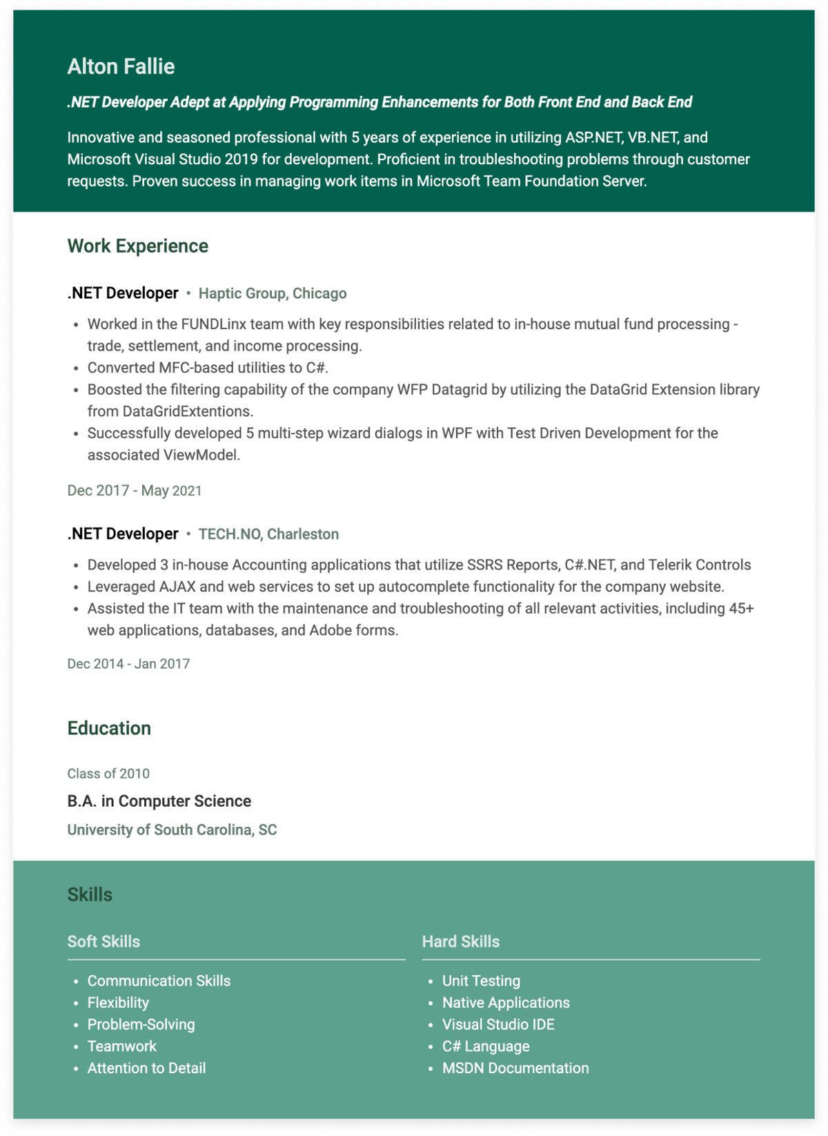 .NET developer resume
