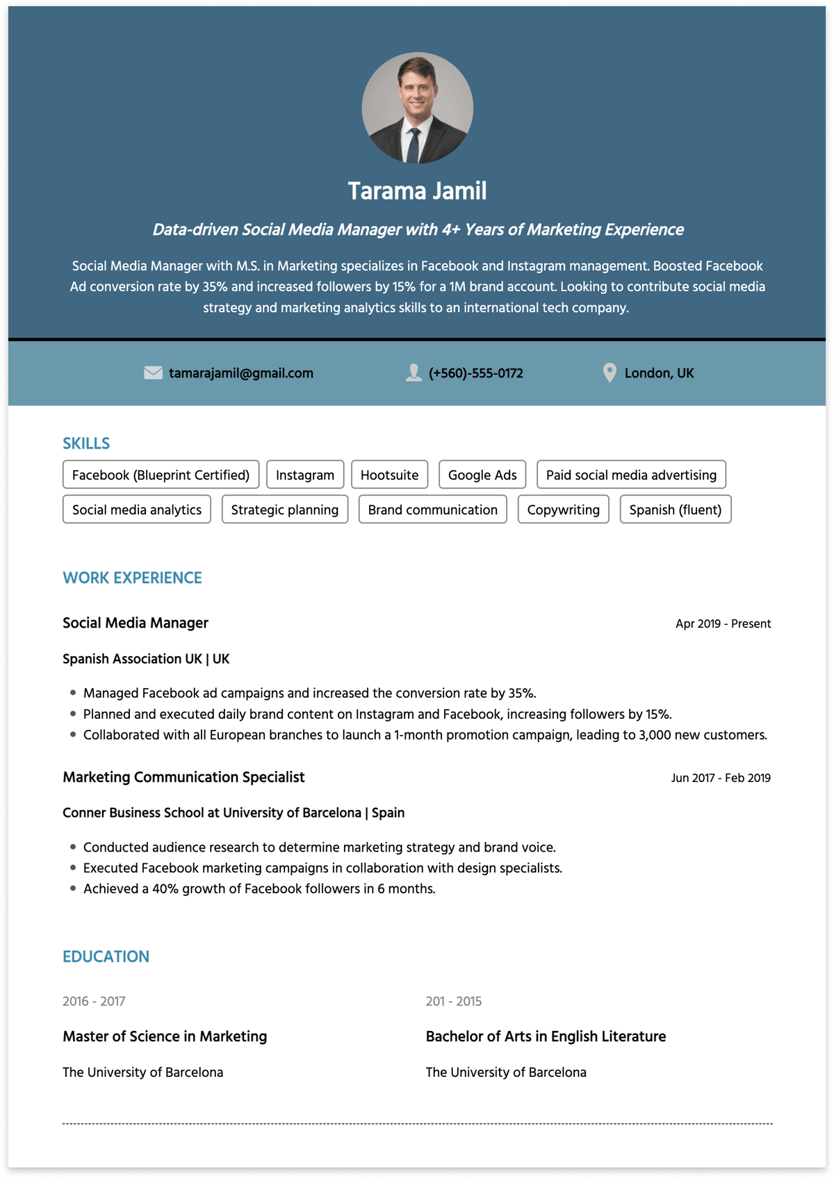 social media manager resume example