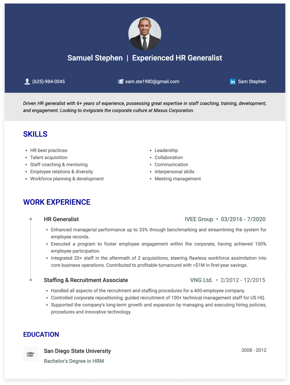 HR Generalist resume samples and skills