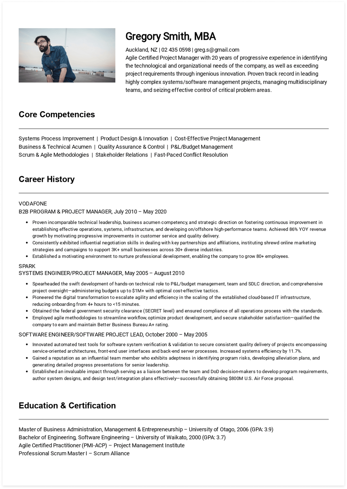 Click to download Gregory's Project Manager resume. Generated via CakeResume.