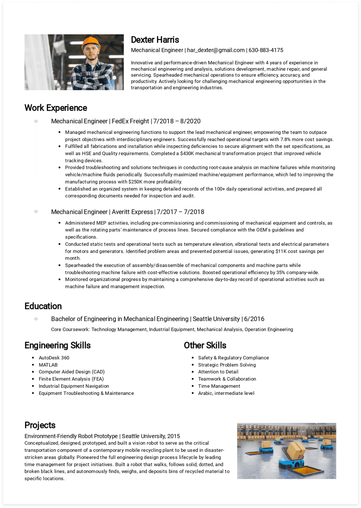 Generated via CakeResume. Click to download Dexter's Mechanical Engineer resume in pdf!