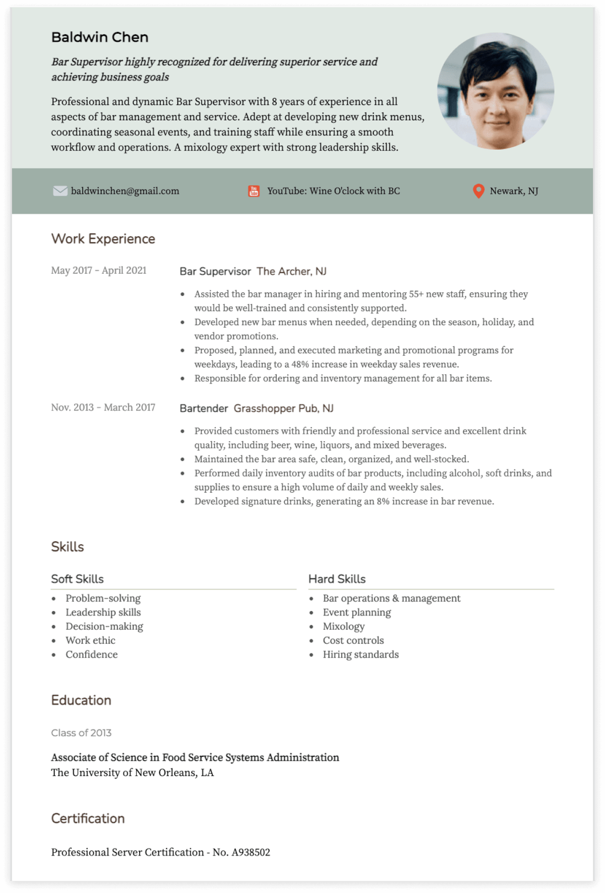 bar manager resume examples