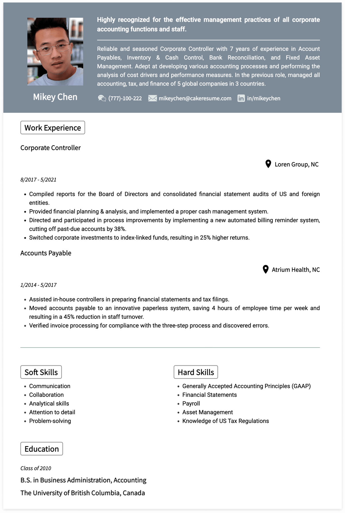 Controller resume sample
