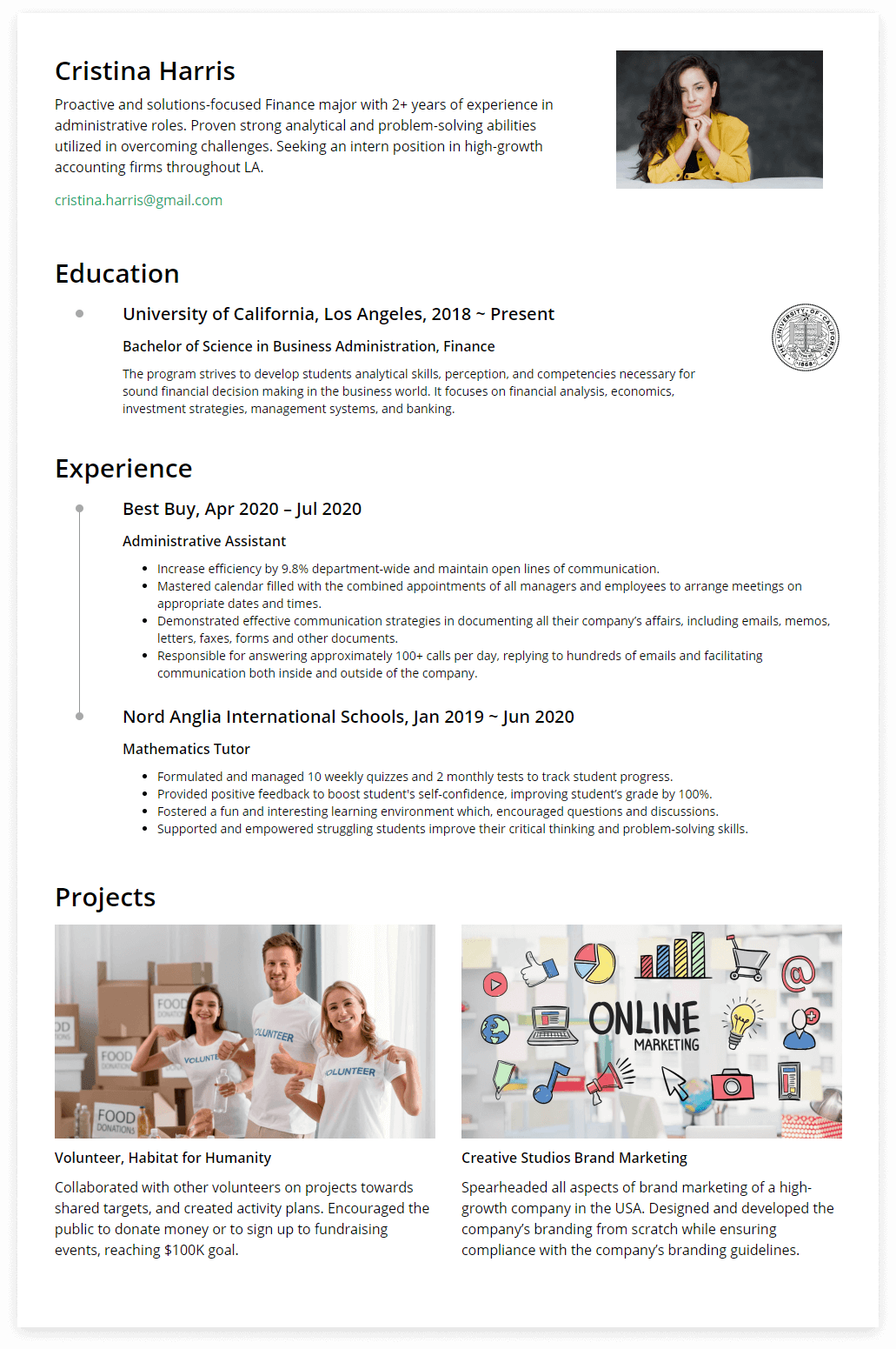 internship resume examples